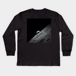 Earth Crescent Planet rises above the Moon horizon Kids Long Sleeve T-Shirt